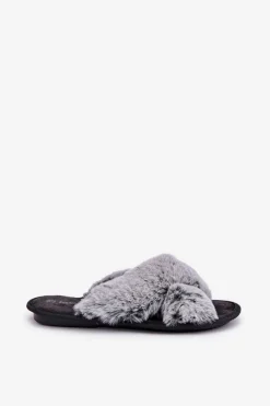 New Futrzane Kapcie Damskie 6800006D Szare Damskie Kapcie Klasyczne|Klapki Z Futerkiem