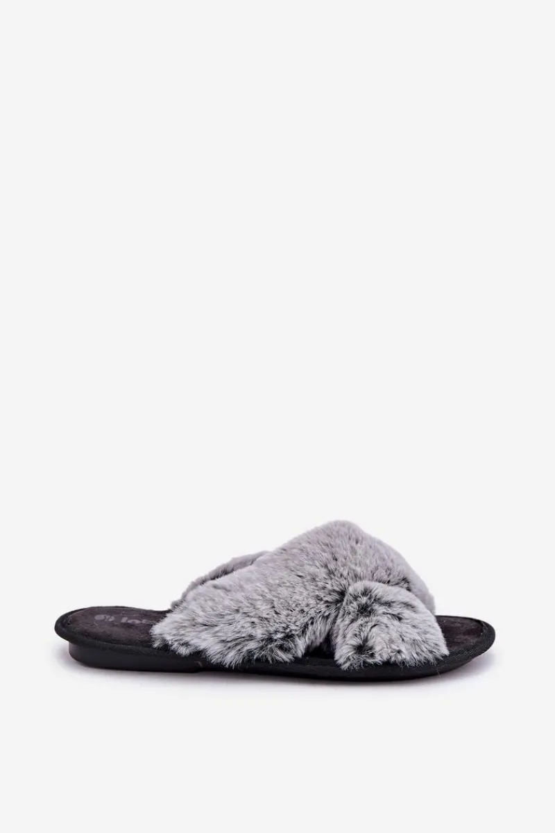 New Futrzane Kapcie Damskie 6800006D Szare Damskie Kapcie Klasyczne|Klapki Z Futerkiem
