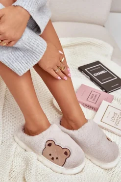 Outlet Futrzane Kapcie Damskie Misie Beżowe Firedi Damskie Kapcie Klasyczne