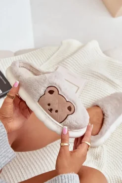 Outlet Futrzane Kapcie Damskie Misie Beżowe Firedi Damskie Kapcie Klasyczne