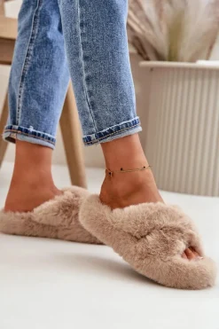 Outlet Boto Futrzane Kapcie Damskie Na Grubej Podeszwie Beżowe Lavitera Beżowy