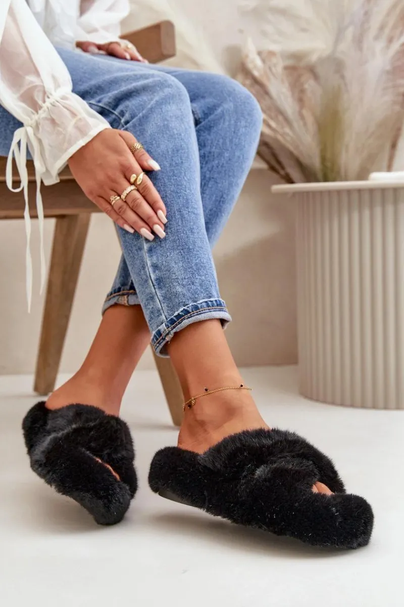Kapcie Klasyczne|Klapki Z Futerkiem>Boto Futrzane Kapcie Damskie Na Grubej Podeszwie Czarne Lavitera