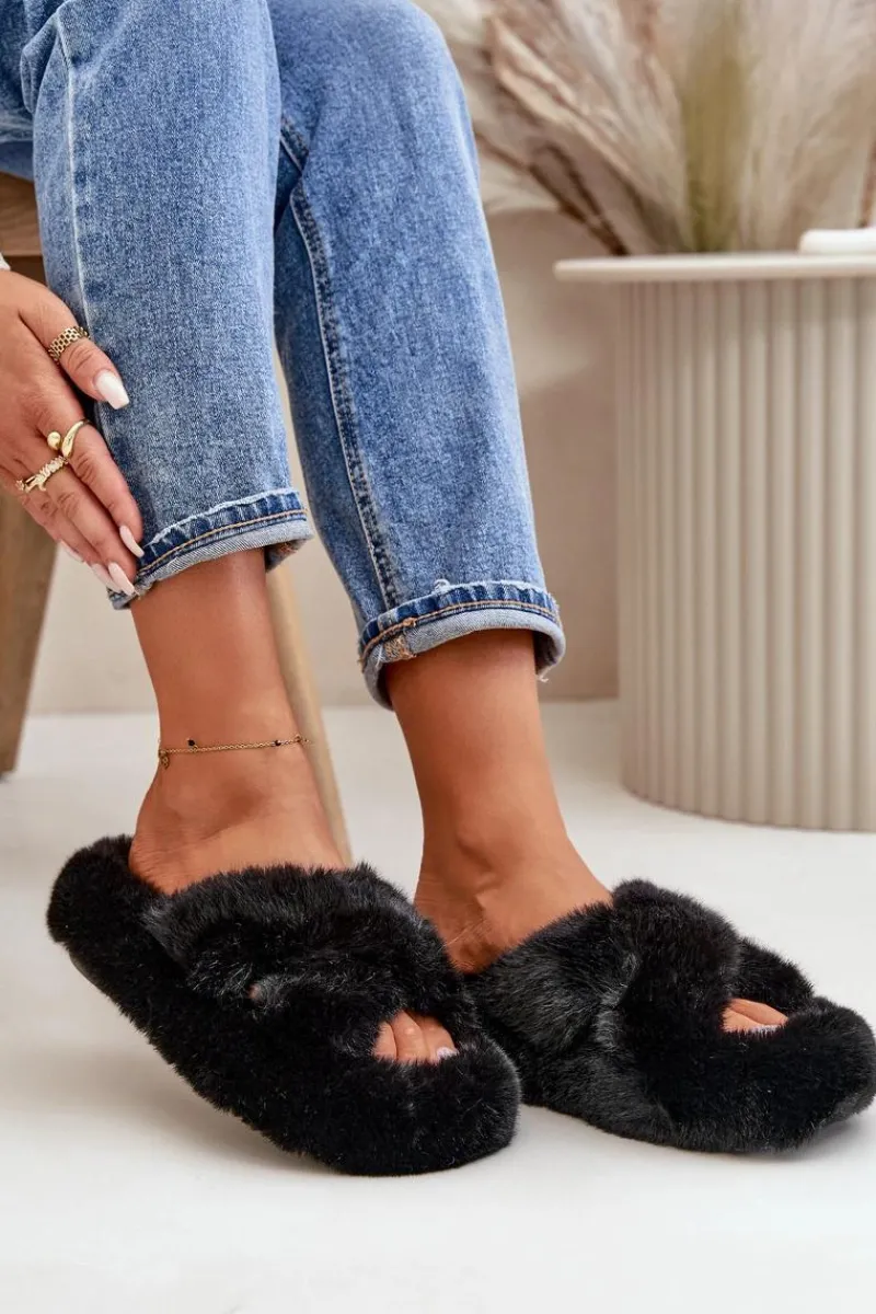 Kapcie Klasyczne|Klapki Z Futerkiem>Boto Futrzane Kapcie Damskie Na Grubej Podeszwie Czarne Lavitera