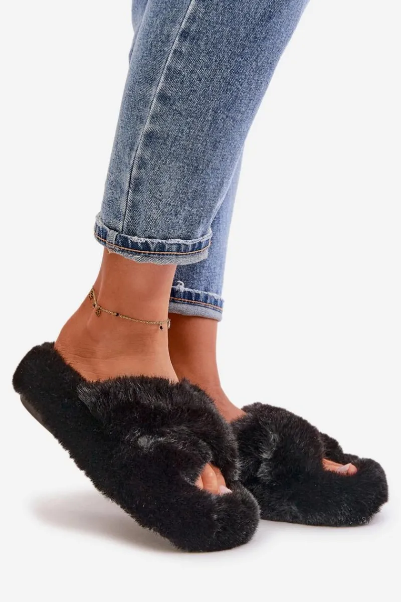 Kapcie Klasyczne|Klapki Z Futerkiem>Boto Futrzane Kapcie Damskie Na Grubej Podeszwie Czarne Lavitera
