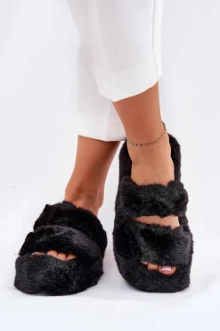 Kapcie Klasyczne|Klapki Z Futerkiem>Boto Futrzane Kapcie Damskie Na Platformie Czarne Talfedi Czarny