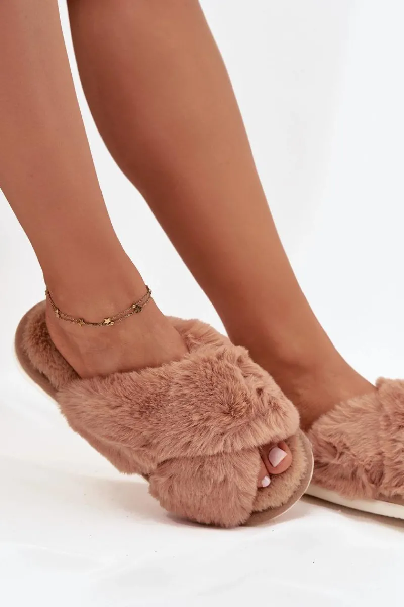 Best Futrzane Kapcie Damskie Z Przeplatającymi Się Paskami Camel Quenelle Damskie Kapcie Klasyczne