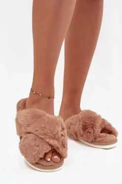 Best Futrzane Kapcie Damskie Z Przeplatającymi Się Paskami Camel Quenelle Damskie Kapcie Klasyczne