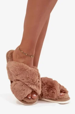 Best Futrzane Kapcie Damskie Z Przeplatającymi Się Paskami Camel Quenelle Damskie Kapcie Klasyczne