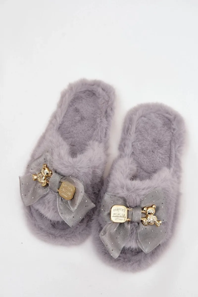 Best Futrzane Kapcie Damskie Z Kokardą I Złotą Ozdobą Szare Nolara Damskie Kapcie Klasyczne