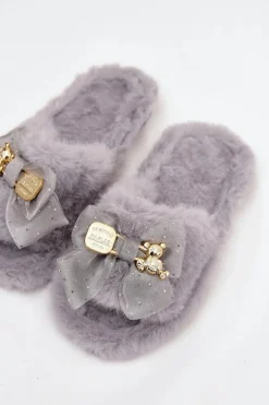 Best Futrzane Kapcie Damskie Z Kokardą I Złotą Ozdobą Szare Nolara Damskie Kapcie Klasyczne