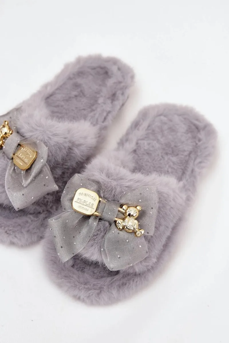 Best Futrzane Kapcie Damskie Z Kokardą I Złotą Ozdobą Szare Nolara Damskie Kapcie Klasyczne