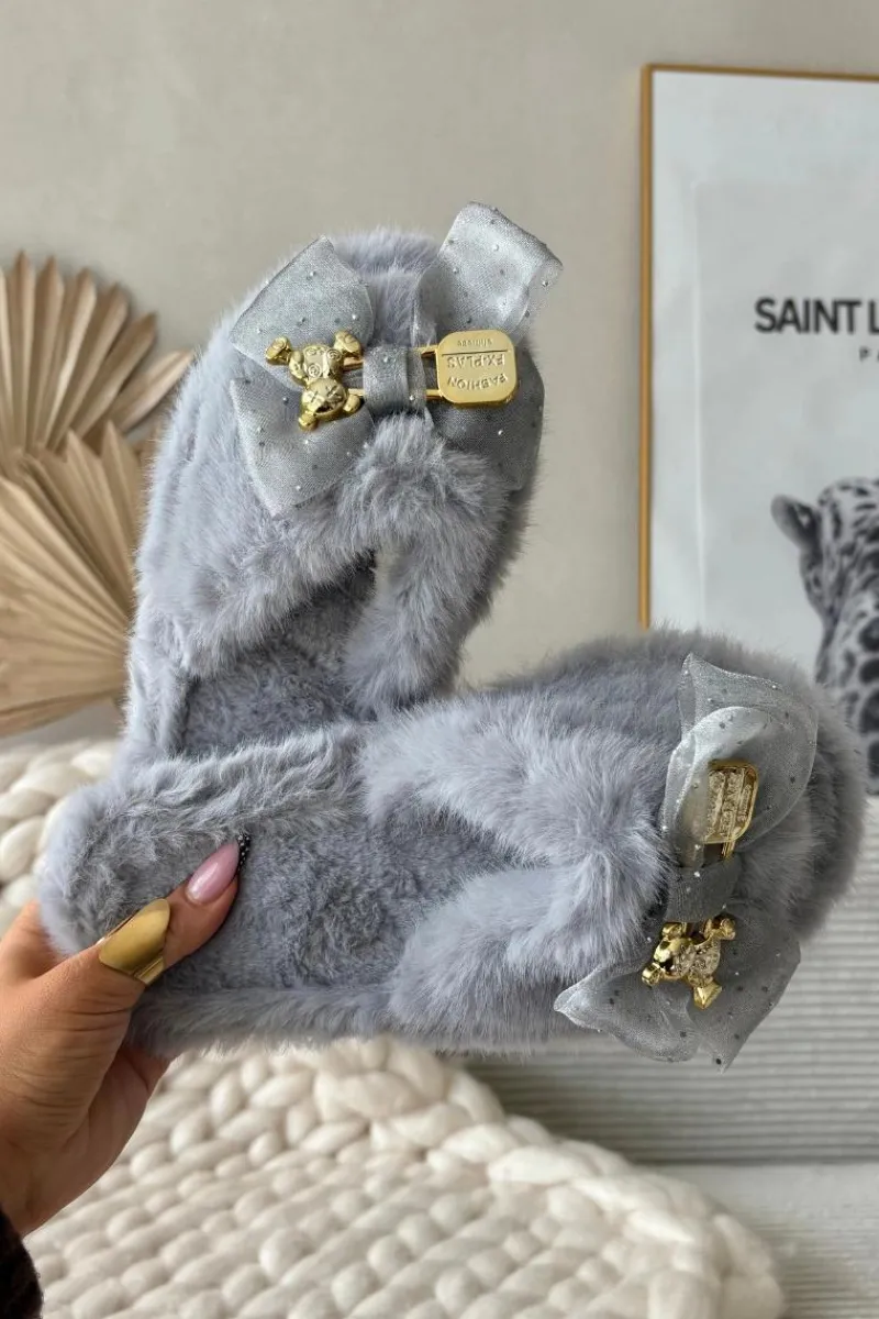 Best Futrzane Kapcie Damskie Z Kokardą I Złotą Ozdobą Szare Nolara Damskie Kapcie Klasyczne