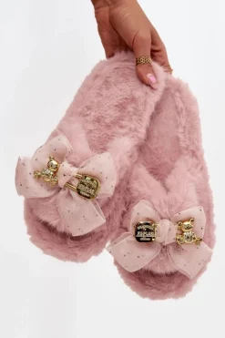 Outlet Boto Futrzane Kapcie Damskie Z Kokardą I Złotą Ozdobą Różowe Nolara Różowy