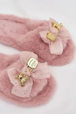 Outlet Boto Futrzane Kapcie Damskie Z Kokardą I Złotą Ozdobą Różowe Nolara Różowy