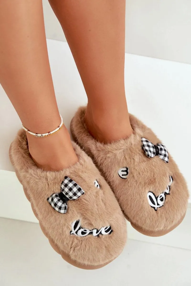 New Boto Futrzane Kapcie Damskie Z Naszywkami I Kokardką Brązowe Linnorelia Brązowy