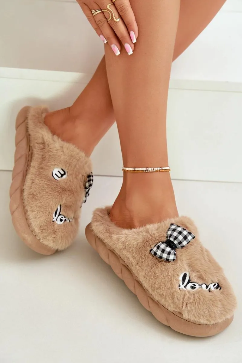 New Boto Futrzane Kapcie Damskie Z Naszywkami I Kokardką Brązowe Linnorelia Brązowy