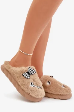 New Boto Futrzane Kapcie Damskie Z Naszywkami I Kokardką Brązowe Linnorelia Brązowy