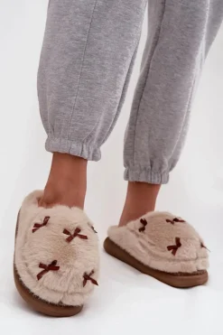 Sale Boto Futrzane Kapcie Damskie Z Kokardkami Beżowe Saviera