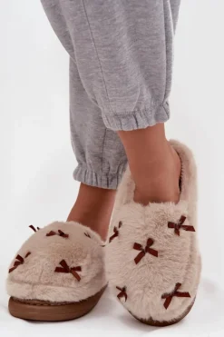 Sale Boto Futrzane Kapcie Damskie Z Kokardkami Beżowe Saviera