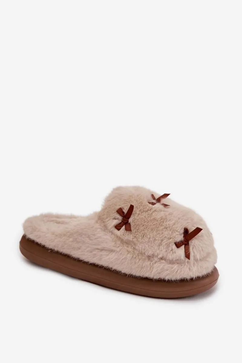 Sale Boto Futrzane Kapcie Damskie Z Kokardkami Beżowe Saviera