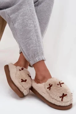 Sale Boto Futrzane Kapcie Damskie Z Kokardkami Beżowe Saviera