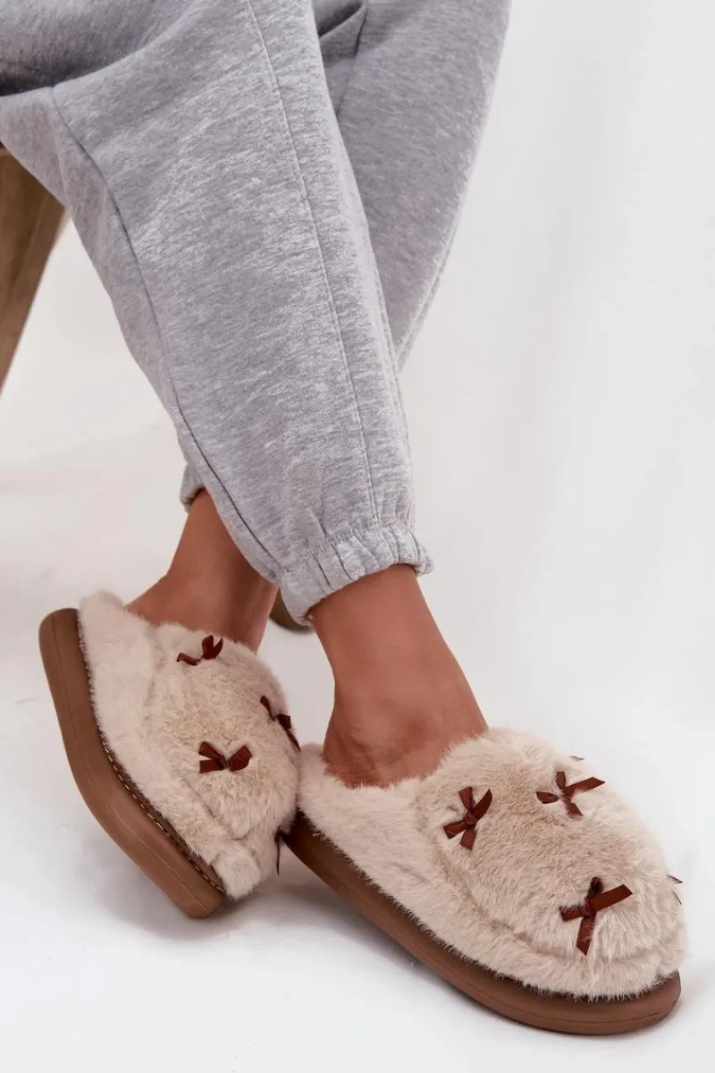 Sale Boto Futrzane Kapcie Damskie Z Kokardkami Beżowe Saviera