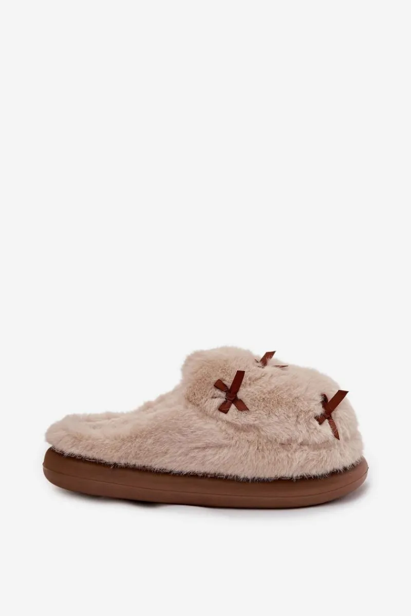 Sale Boto Futrzane Kapcie Damskie Z Kokardkami Beżowe Saviera