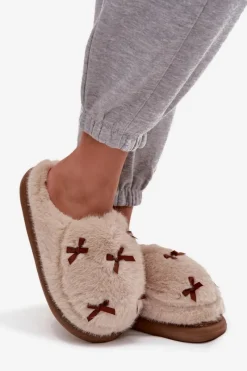 Sale Boto Futrzane Kapcie Damskie Z Kokardkami Beżowe Saviera