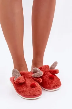 New Boto Futrzane Kapcie Damskie Z Motywem Renifera Koralowe Sennalith Czerwony