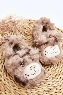 Futrzane Kapcie Dziecięce Z Misiem Ciemnobeżowe Apolanie Dzieci Dziewczęce