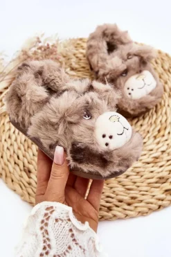 Futrzane Kapcie Dziecięce Z Misiem Ciemnobeżowe Apolanie Dzieci Dziewczęce