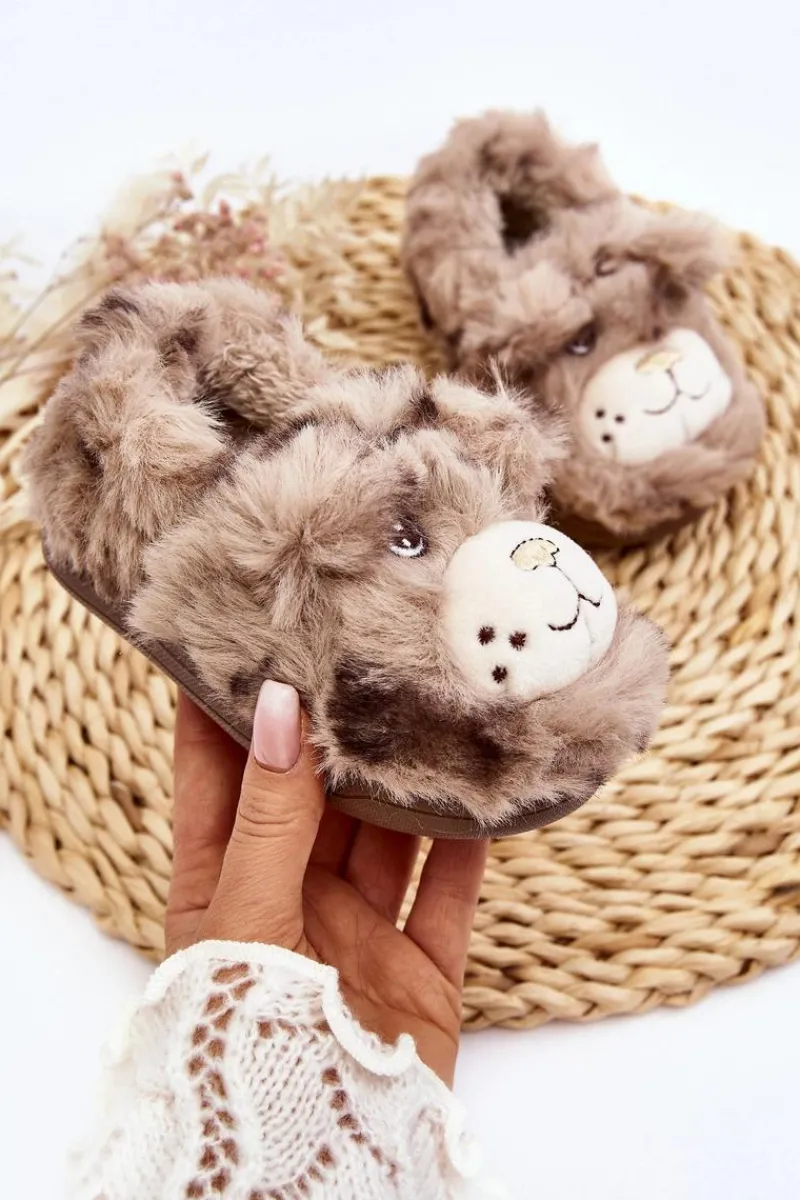 Futrzane Kapcie Dziecięce Z Misiem Ciemnobeżowe Apolanie Dzieci Dziewczęce