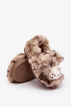 Futrzane Kapcie Dziecięce Z Misiem Ciemnobeżowe Apolanie Dzieci Dziewczęce