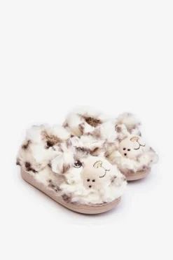 New Boto Futrzane Kapcie Dziecięce Z Misiem Jasnobeżowe Apolanie
