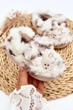 New Boto Futrzane Kapcie Dziecięce Z Misiem Jasnobeżowe Apolanie