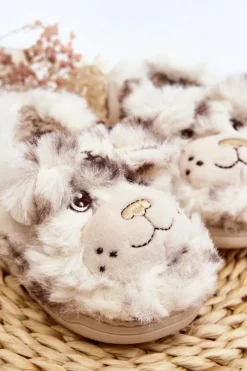 New Boto Futrzane Kapcie Dziecięce Z Misiem Jasnobeżowe Apolanie