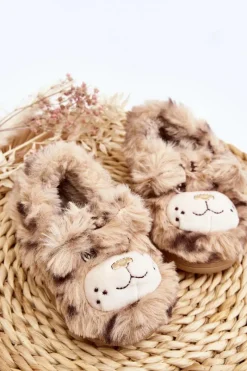 Dziewczęce>Boto Futrzane Kapcie Dziecięce Z Misiem Beżowe Apolanie