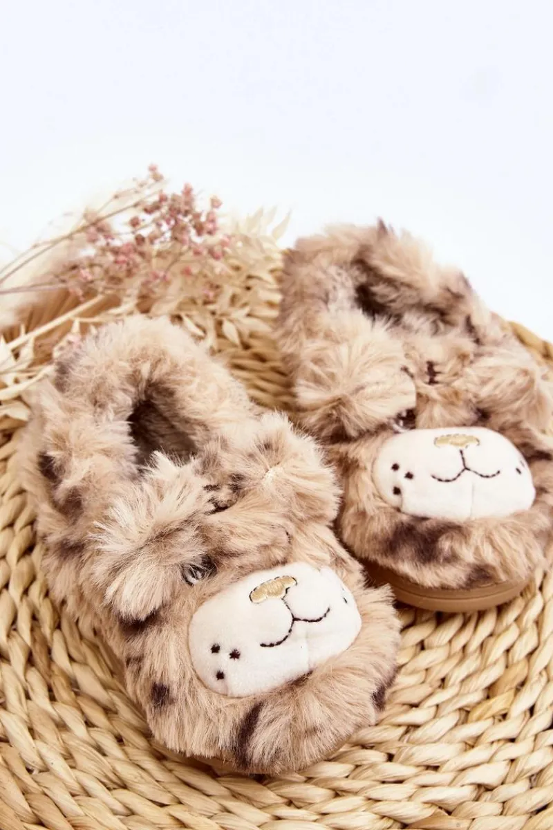 Dziewczęce>Boto Futrzane Kapcie Dziecięce Z Misiem Beżowe Apolanie