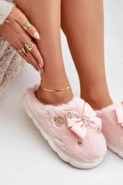 New Boto Futrzane Kapcie Z Kokardką I Przypinkami Różowe Annalira Różowy