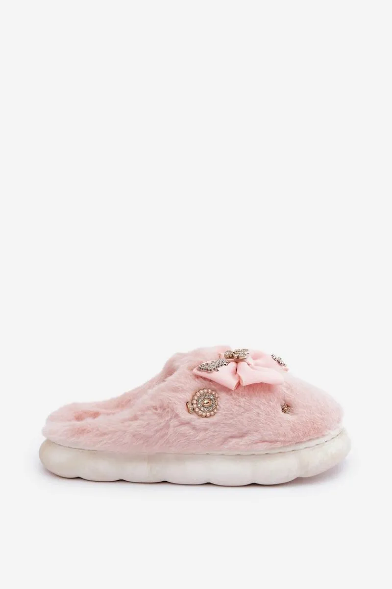 New Boto Futrzane Kapcie Z Kokardką I Przypinkami Różowe Annalira Różowy