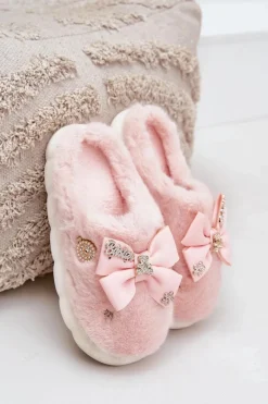 New Boto Futrzane Kapcie Z Kokardką I Przypinkami Różowe Annalira Różowy
