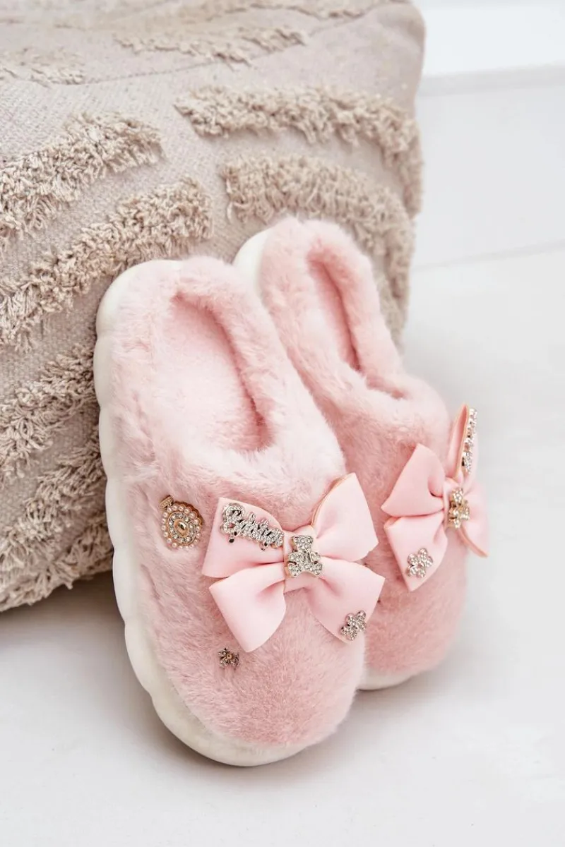 New Boto Futrzane Kapcie Z Kokardką I Przypinkami Różowe Annalira Różowy