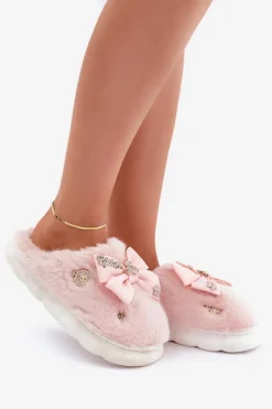 New Boto Futrzane Kapcie Z Kokardką I Przypinkami Różowe Annalira Różowy