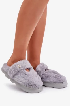 Discount Boto Futrzane Kapcie Z Małą Broszką Szare Primaria Szary