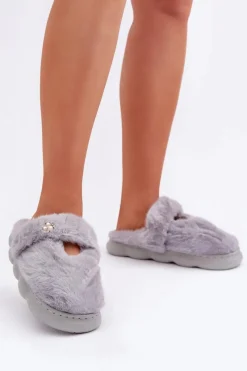 Discount Boto Futrzane Kapcie Z Małą Broszką Szare Primaria Szary