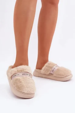 New Futrzane Kapcie Z Ozdobnym Paskiem Beżowe Savalithea Damskie Kapcie Klasyczne