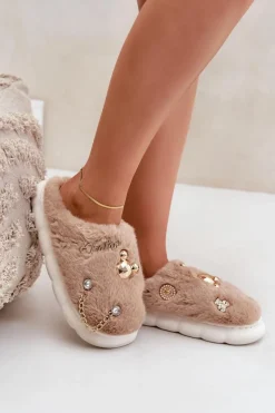 Outlet Futrzane Kapcie Z Przypinkami Ciemnobeżowe Ivelfedi Damskie Kapcie Klasyczne