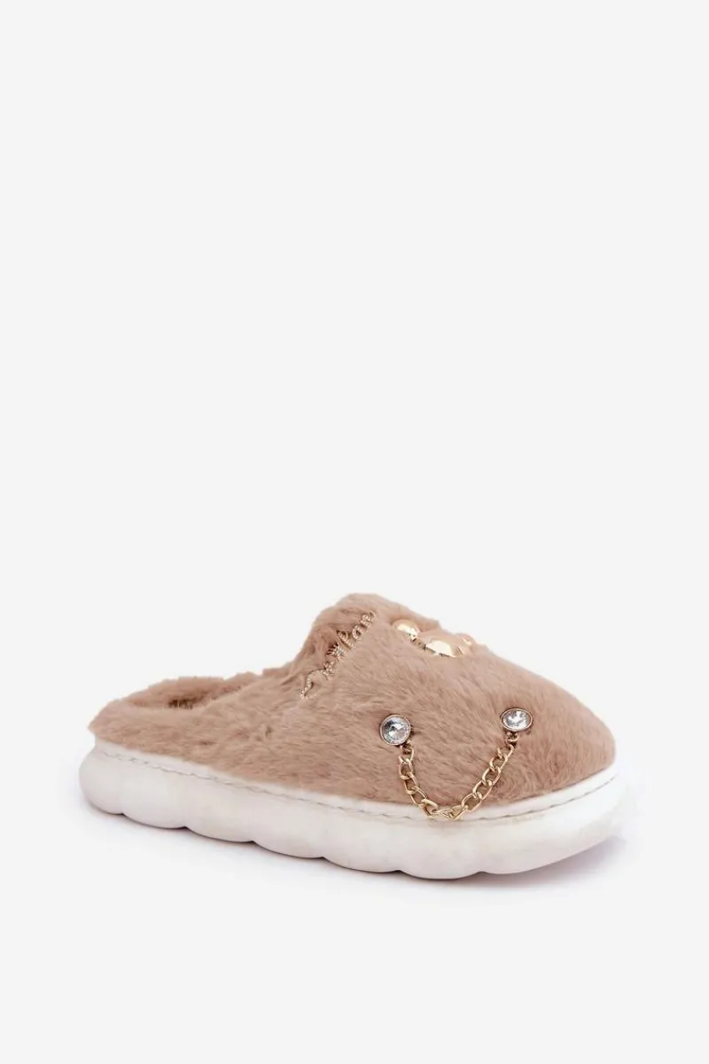 Outlet Futrzane Kapcie Z Przypinkami Ciemnobeżowe Ivelfedi Damskie Kapcie Klasyczne