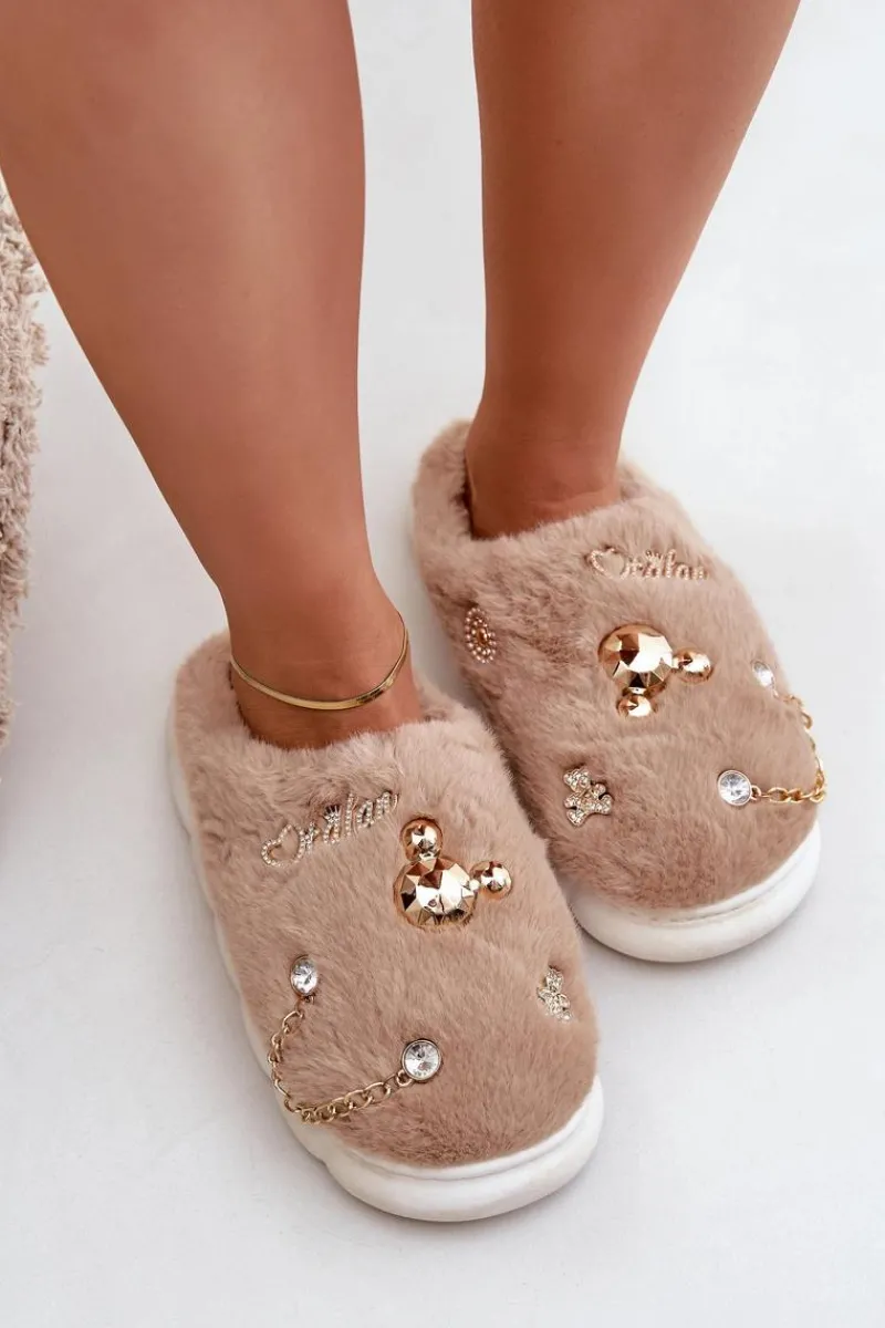 Outlet Futrzane Kapcie Z Przypinkami Ciemnobeżowe Ivelfedi Damskie Kapcie Klasyczne
