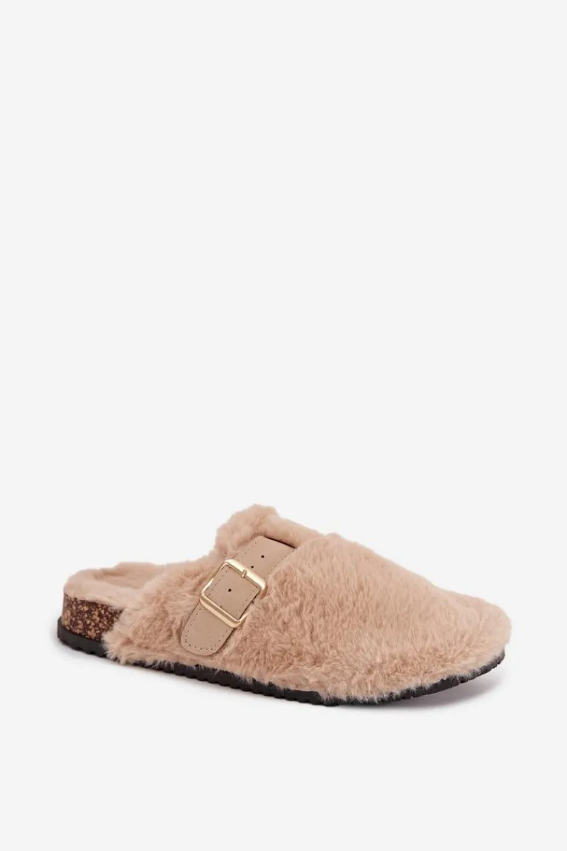 Kapcie Klasyczne|Klapki Korkowe>Boto Futrzane Klapki Damskie Na Platformie Z Paskiem I Klamrą Beżowe Noraline Beżowy